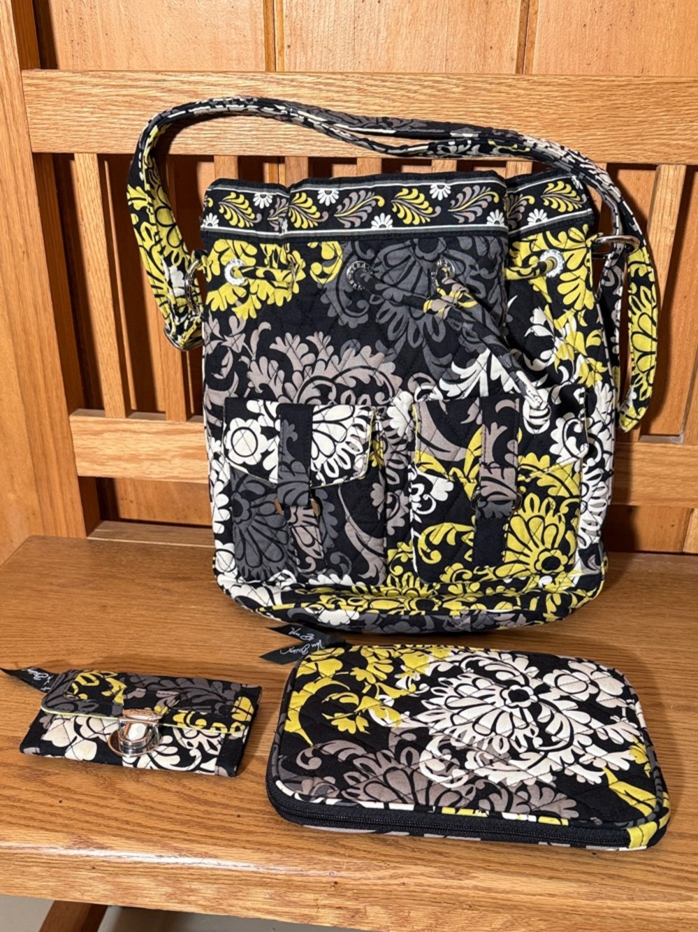 Vera Bradley Baroque Crossbody Bag, Wallet, iPad/Kindle Case - Black & Yellow